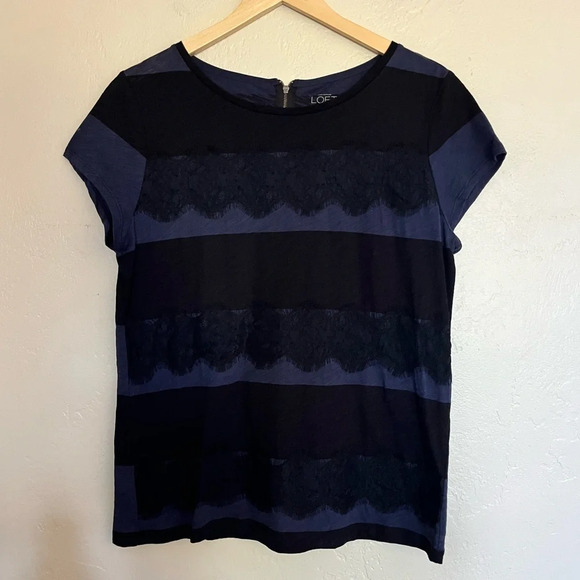 LOFT Tops - LOFT Blue and Black Lace Striped Tee Shirt size Large